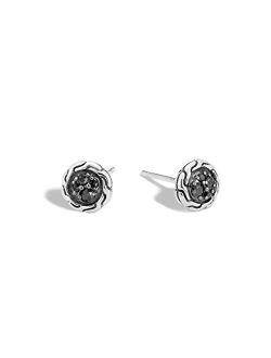 Classic Chain Silver 7mm Round Stud Earrings with Treated Black Sapphire and Black Spinel