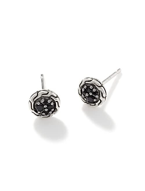 John Hardy Classic Chain Silver 7mm Round Stud Earrings with Treated Black Sapphire and Black Spinel