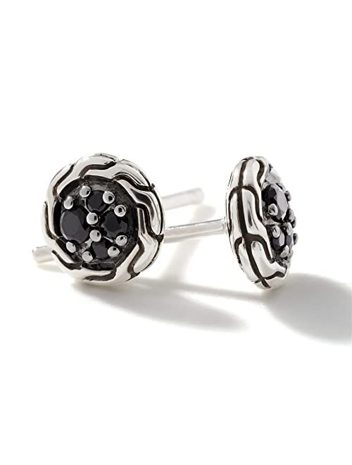 John Hardy Classic Chain Silver 7mm Round Stud Earrings with Treated Black Sapphire and Black Spinel