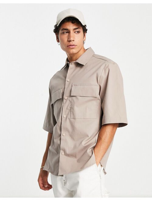 River Island double pocket oversize shirt in beige