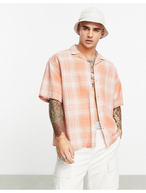 ASOS DESIGN boxy oversized camp collar linen mix plaid shirt in orange