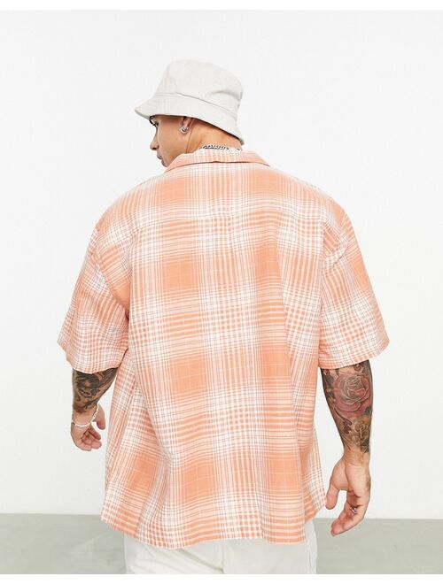 ASOS DESIGN boxy oversized camp collar linen mix plaid shirt in orange