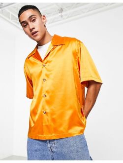 boxy oversized satin shirt with wide camp collar in orange