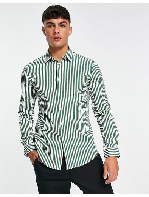 ASOS DESIGN skinny fit stripe shirt in dark green