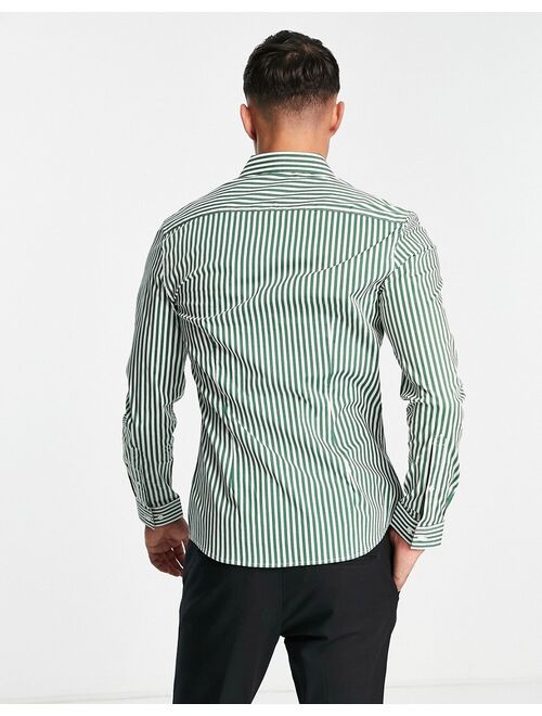 ASOS DESIGN skinny fit stripe shirt in dark green