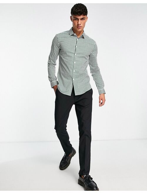 ASOS DESIGN skinny fit stripe shirt in dark green