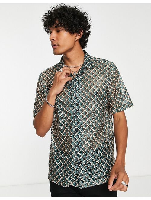 Twisted Tailor shadoff shirt with revere collar in geometric vintage lace