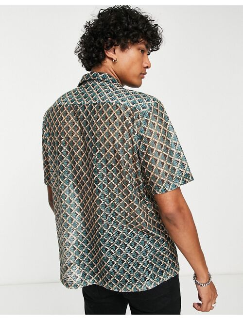 Twisted Tailor shadoff shirt with revere collar in geometric vintage lace