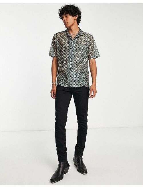 Twisted Tailor shadoff shirt with revere collar in geometric vintage lace