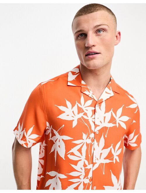 ASOS DESIGN revere shirt in red leaf print