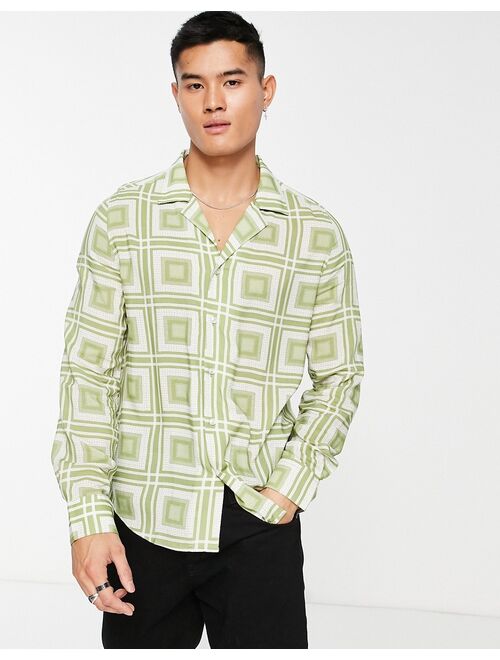 Devils Advocate long sleeve revere collar shirt in geo print in green