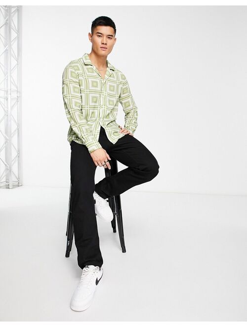 Devils Advocate long sleeve revere collar shirt in geo print in green