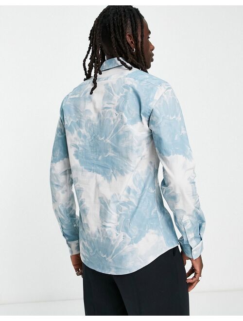 Twisted Tailor judd shirt in white with blue ink floral print