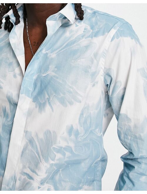 Twisted Tailor judd shirt in white with blue ink floral print