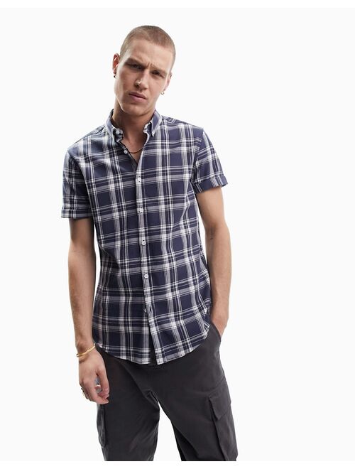 ASOS DESIGN stretch slim plaid shirt in navy