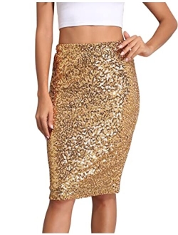 kayamiya Women's Sequin Cocktail Skirt High Waist Stretchy Glitter Bodycon Pencil Skirts