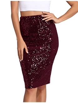 kayamiya Women's Sequin Cocktail Skirt High Waist Stretchy Glitter Bodycon Pencil Skirts