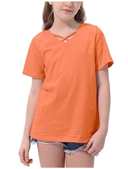 Simtuor Girls Summer Casual Short Sleeve Shirts V Neck Criss Cross Cotton Solid Tops Blouses Size 6-15 Years