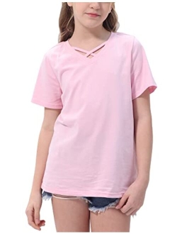 Simtuor Girls Summer Casual Short Sleeve Shirts V Neck Criss Cross Cotton Solid Tops Blouses Size 6-15 Years