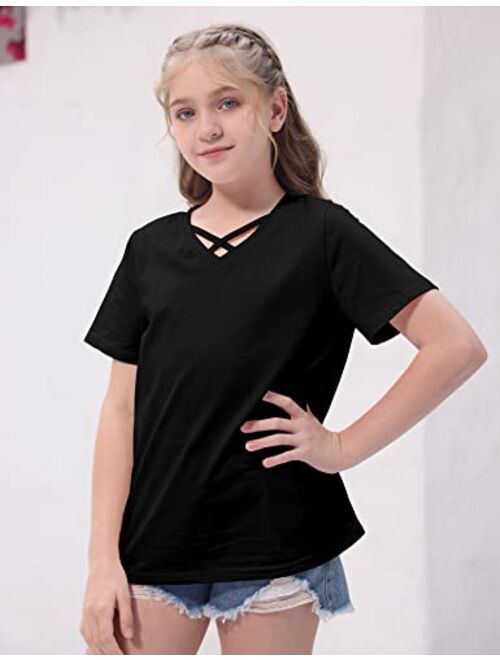 Simtuor Girls Summer Casual Short Sleeve Shirts V Neck Criss Cross Cotton Solid Tops Blouses Size 6-15 Years