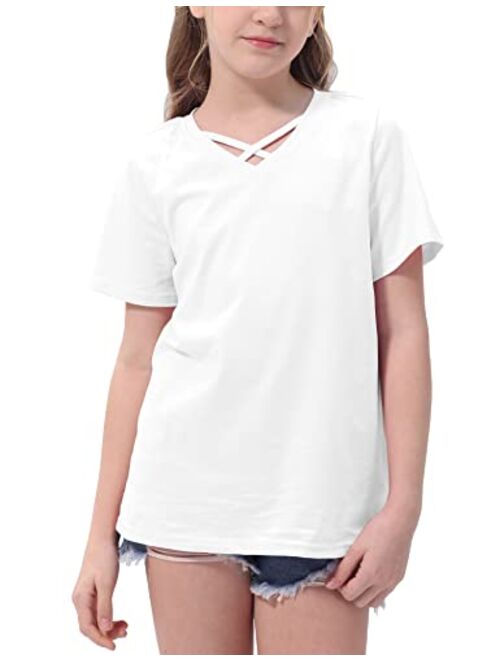 Simtuor Girls Summer Casual Short Sleeve Shirts V Neck Criss Cross Cotton Solid Tops Blouses Size 6-15 Years