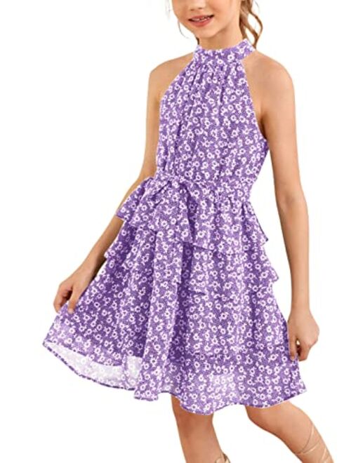 Imily Bela Girls Floral Ruffle Dress Halter Neck Kids Chiffon Summer Party Dress with Belt