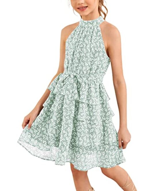 Imily Bela Girls Floral Ruffle Dress Halter Neck Kids Chiffon Summer Party Dress with Belt