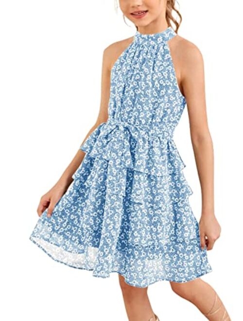 Imily Bela Girls Floral Ruffle Dress Halter Neck Kids Chiffon Summer Party Dress with Belt