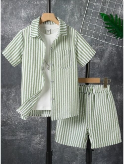 Boys Striped Print Pocket Patched Shirt & Shorts Without Tee