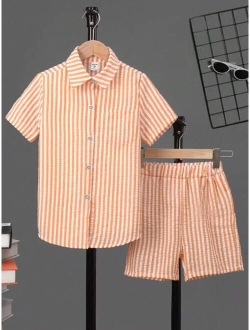 Boys Striped Print Pocket Patched Shirt & Shorts Without Tee