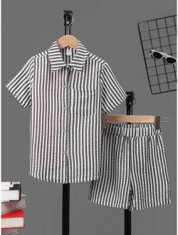 Boys Striped Print Pocket Patched Shirt & Shorts Without Tee