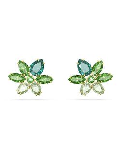 Gema Stud Earrings, Mixed Cuts, Flower, Green Crystal, Gold-tone Finish