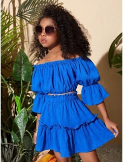 Girls Off Shoulder Flounce Sleeve Top & Frill Trim Skirt