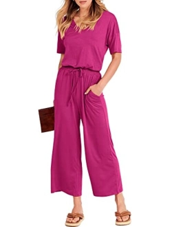 Women Short Sleeve Summer Casual V Neck Elastic Waist Wide Leg Cropped Pant Jumpsuits Rompers with Pockets