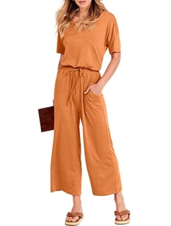 Women Short Sleeve Summer Casual V Neck Elastic Waist Wide Leg Cropped Pant Jumpsuits Rompers with Pockets