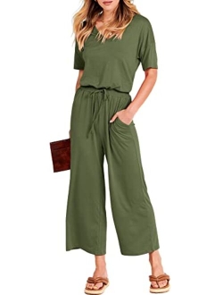 Women Short Sleeve Summer Casual V Neck Elastic Waist Wide Leg Cropped Pant Jumpsuits Rompers with Pockets