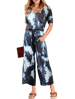 Women Short Sleeve Summer Casual V Neck Elastic Waist Wide Leg Cropped Pant Jumpsuits Rompers with Pockets