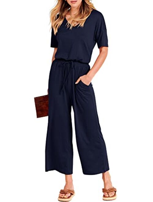 ANRABESS Women Short Sleeve Summer Casual V Neck Elastic Waist Wide Leg Cropped Pant Jumpsuits Rompers with Pockets