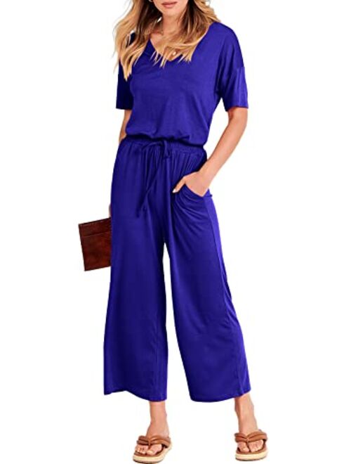 ANRABESS Women Short Sleeve Summer Casual V Neck Elastic Waist Wide Leg Cropped Pant Jumpsuits Rompers with Pockets