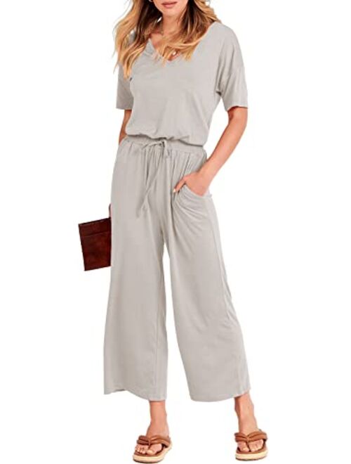 ANRABESS Women Short Sleeve Summer Casual V Neck Elastic Waist Wide Leg Cropped Pant Jumpsuits Rompers with Pockets