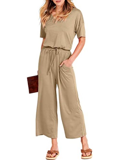 ANRABESS Women Short Sleeve Summer Casual V Neck Elastic Waist Wide Leg Cropped Pant Jumpsuits Rompers with Pockets