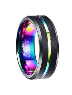 NUNCAD 8mm Men's Tungsten Rings Multi-Color/Green/Purple Plated Grooved Black Matte Finish Beveled Edges Size 4 to 16