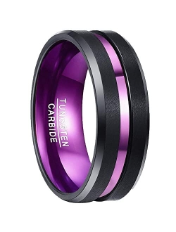 NUNCAD 8mm Men's Tungsten Rings Multi-Color/Green/Purple Plated Grooved Black Matte Finish Beveled Edges Size 4 to 16