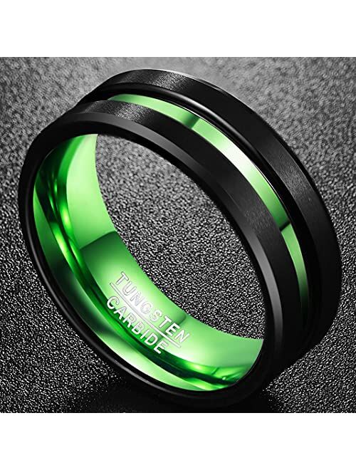 NUNCAD 8mm Men's Tungsten Rings Multi-Color/Green/Purple Plated Grooved Black Matte Finish Beveled Edges Size 4 to 16