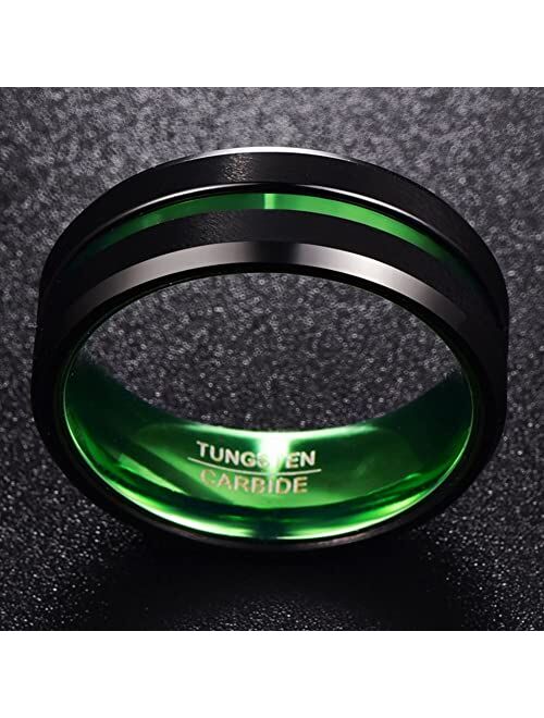 NUNCAD 8mm Men's Tungsten Rings Multi-Color/Green/Purple Plated Grooved Black Matte Finish Beveled Edges Size 4 to 16