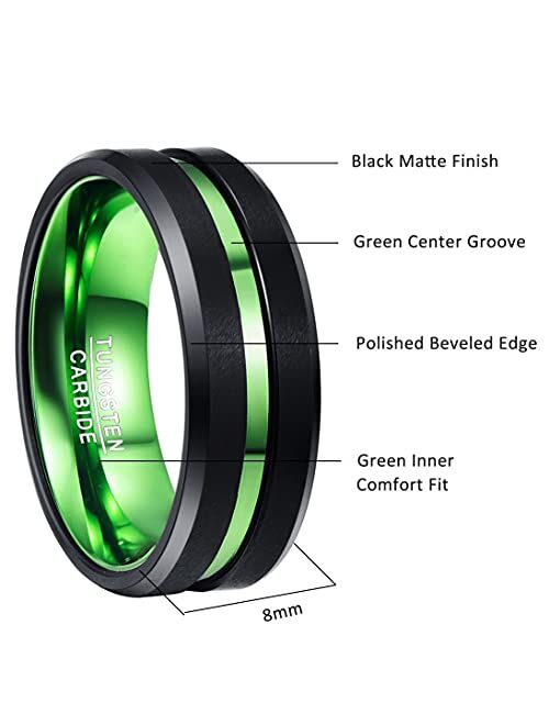 NUNCAD 8mm Men's Tungsten Rings Multi-Color/Green/Purple Plated Grooved Black Matte Finish Beveled Edges Size 4 to 16