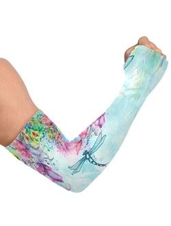 WELLDAY Flower Dragonfly Gardening Sleeves with Thumb Hole Farm Sun Protection Arm Sleeves for Women Men