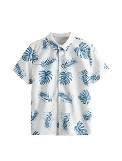 Boy's Short Sleeve Collar Button Down Graphic Print Hawaiian Shirt Top