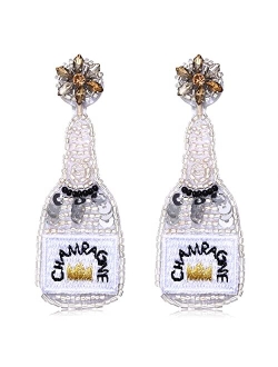 Phalin Beaded Champagne Bottle Earrings for Women Handmade Bead Champagne Drop Dangle Earring Statement Earring Studs for Birthday Holiday Parties Gifts