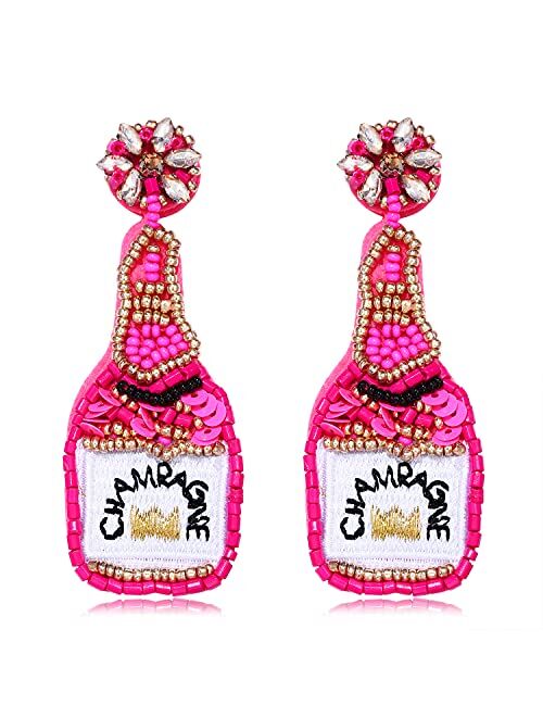 Phalin Beaded Champagne Bottle Earrings for Women Handmade Bead Champagne Drop Dangle Earring Statement Earring Studs for Birthday Holiday Parties Gifts